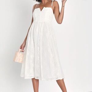 Charismatic Sweetie White Lace Ruched Tie-Strap Midi Dress NWT